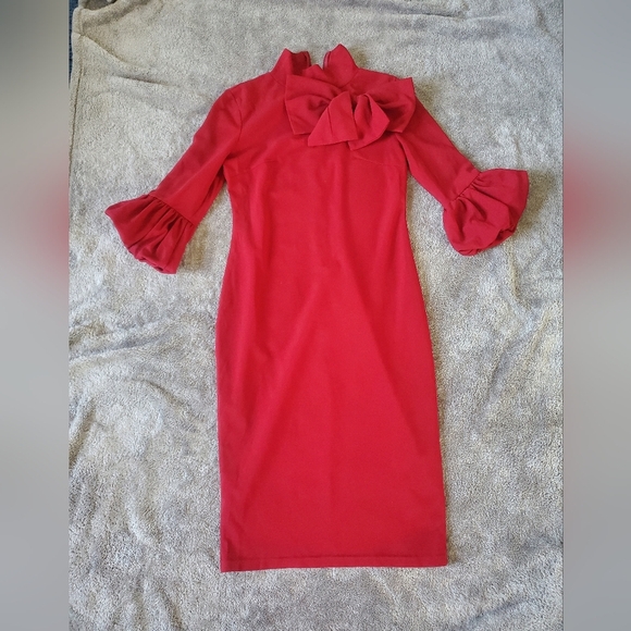 SHEIN Red midi dress with puffy sleeves and bow detail Size L - Picture 5 of 6